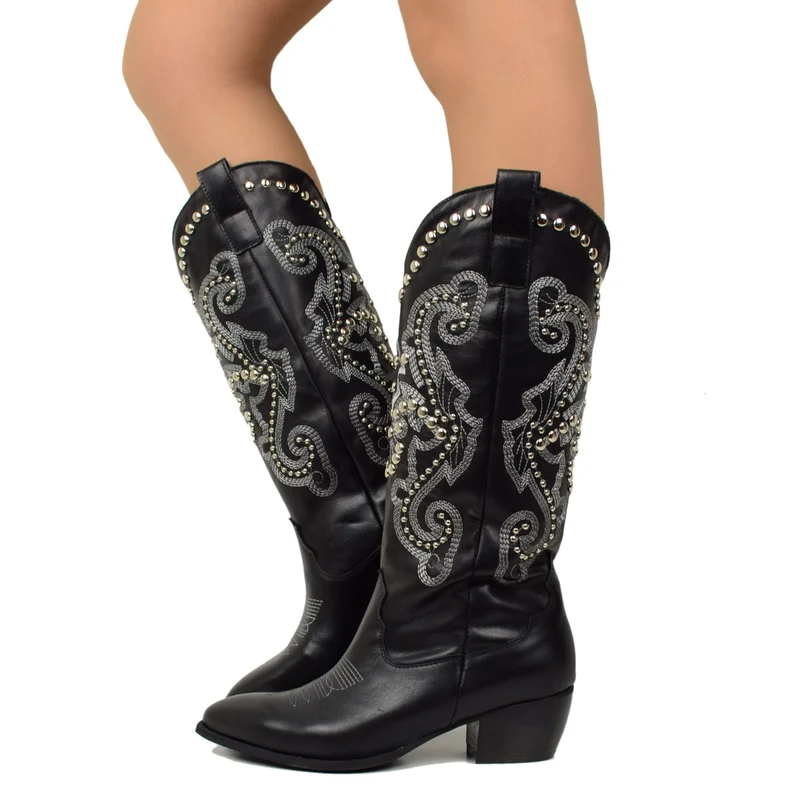 Stivali Texani Donna Estivi con Borchie e Cuciture Made in Italy