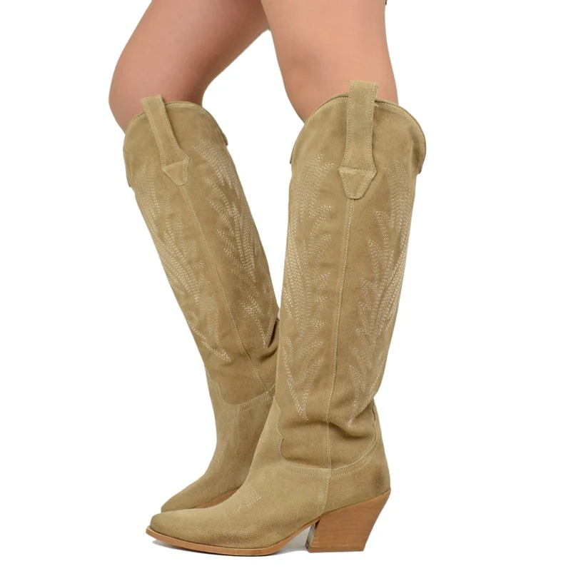 Stivali Texani Beige Scamosciati con Tacco Alto e Largo