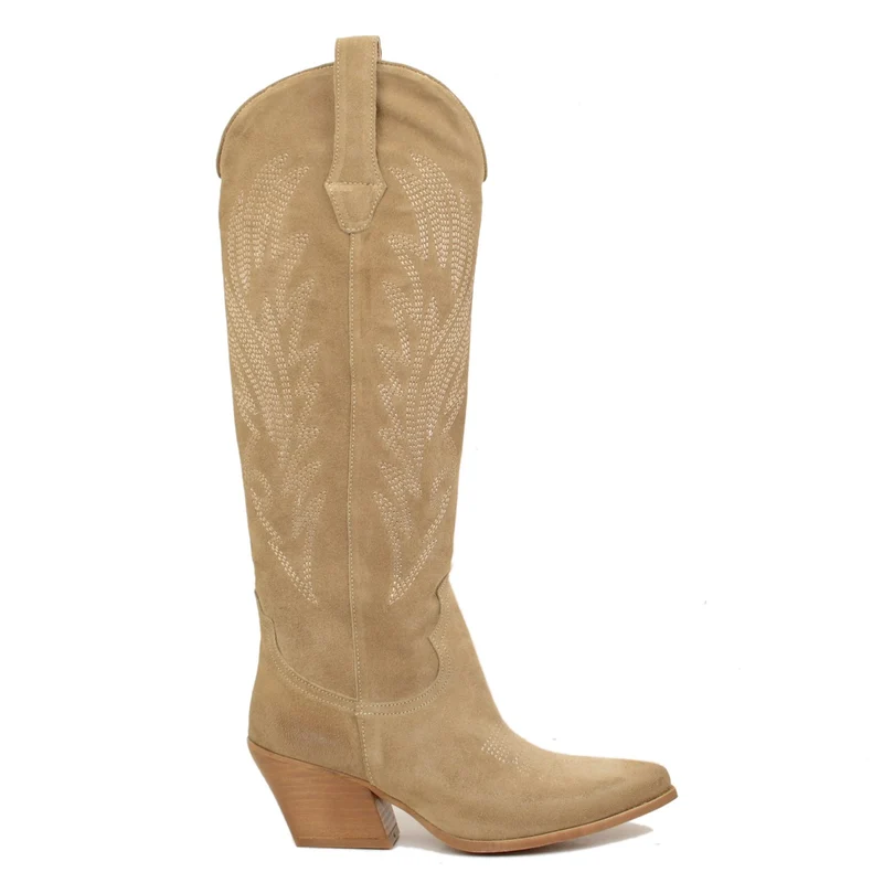 Stivali Texani Beige Scamosciati con Tacco Alto e Largo