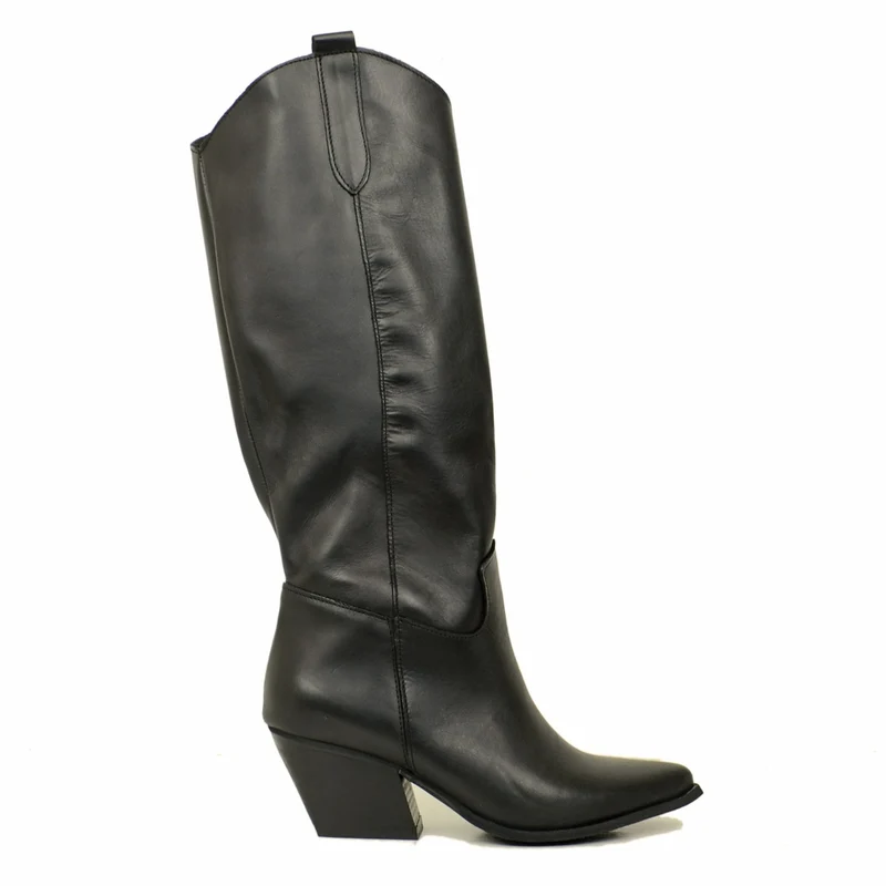 Stivali Texani Neri in Pelle con Tacco Largo Made in Italy