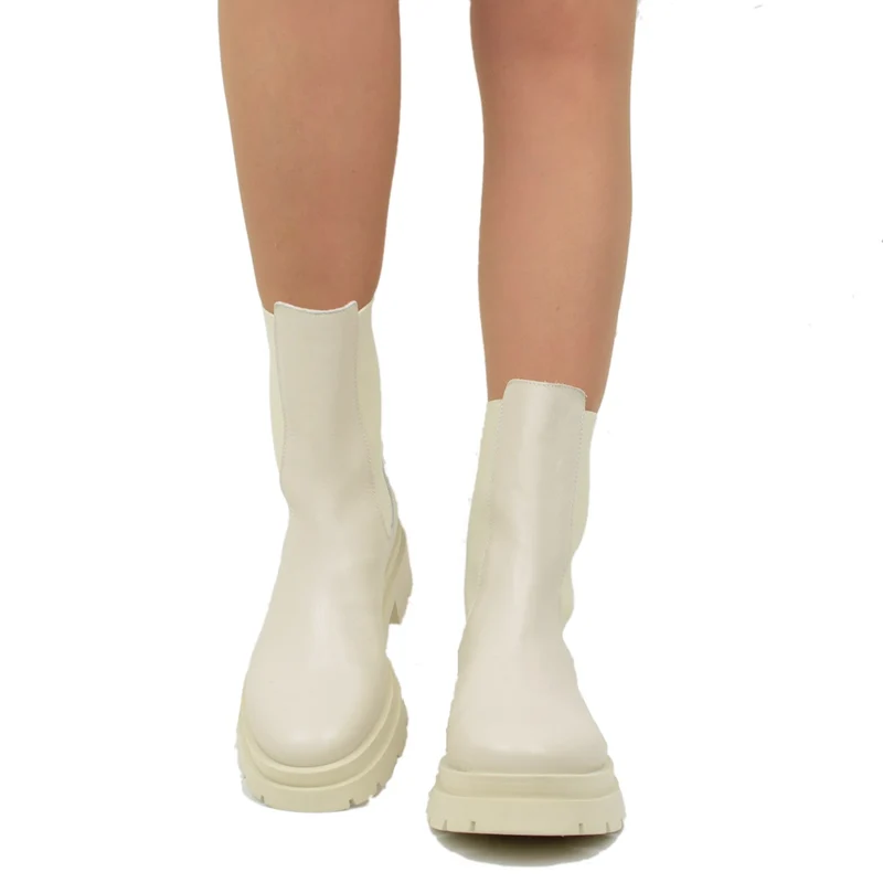 Stivaletti Beatles con Inserti Elasticizzati in Pelle Offwhite