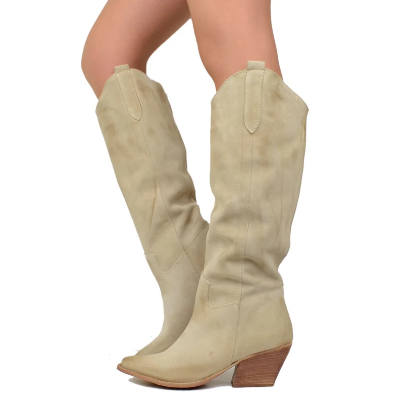 Stivali Donna Texani in Pelle Scamosciata Beige Made in Italy