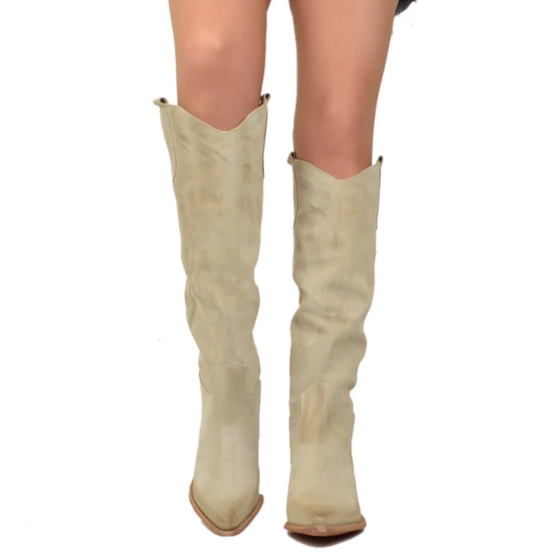 Stivali Donna Texani in Pelle Scamosciata Beige Made in Italy
