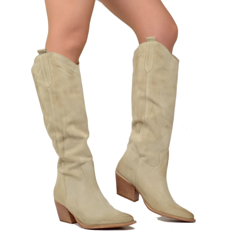 Stivali Donna Texani in Pelle Scamosciata Beige Made in Italy