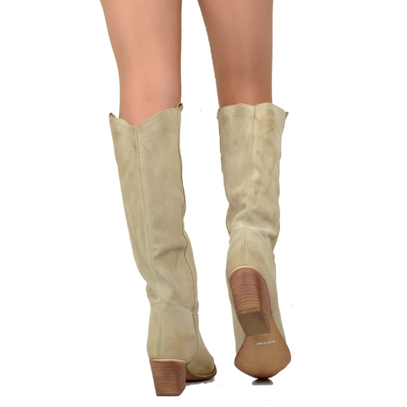 Stivali Donna Texani in Pelle Scamosciata Beige Made in Italy
