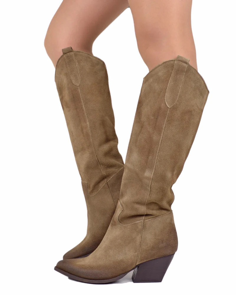 Stivali Donna Texani in Pelle Scamosciata Taupe Made in Italy