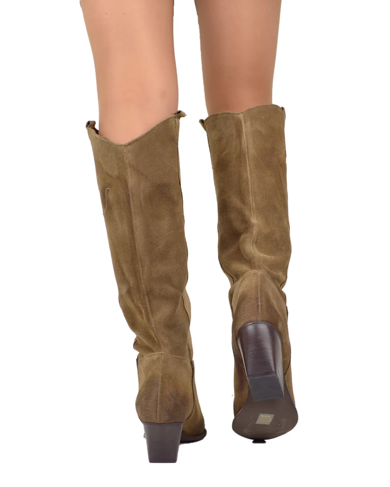 Stivali Donna Texani in Pelle Scamosciata Taupe Made in Italy