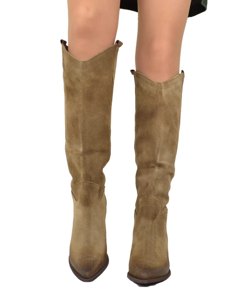 Stivali Donna Texani in Pelle Scamosciata Taupe Made in Italy