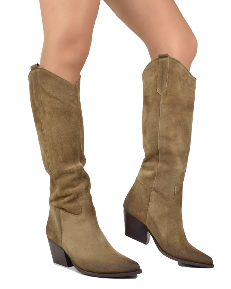 Stivali Donna Texani in Pelle Scamosciata Taupe Made in Italy