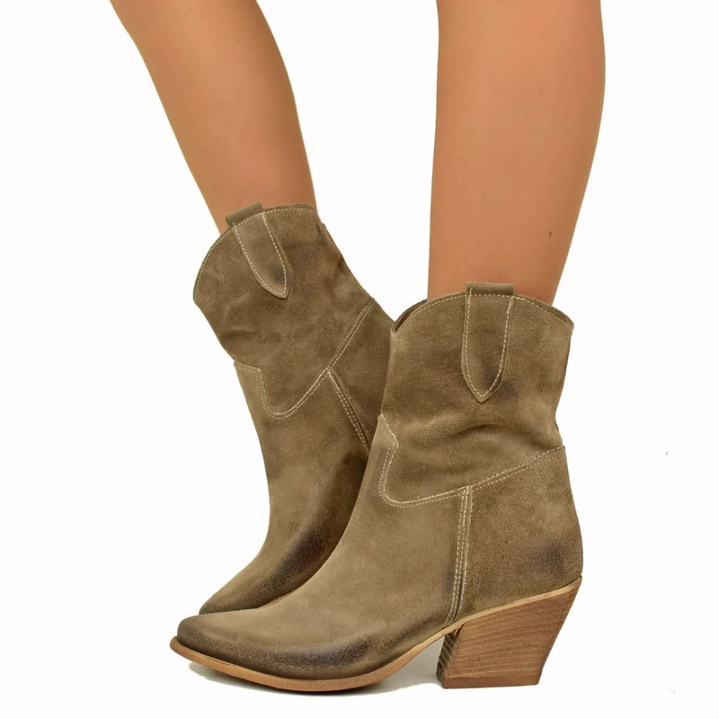 Stivaletti Texani Estivi Donna in Pelle Scamosciata Taupe
