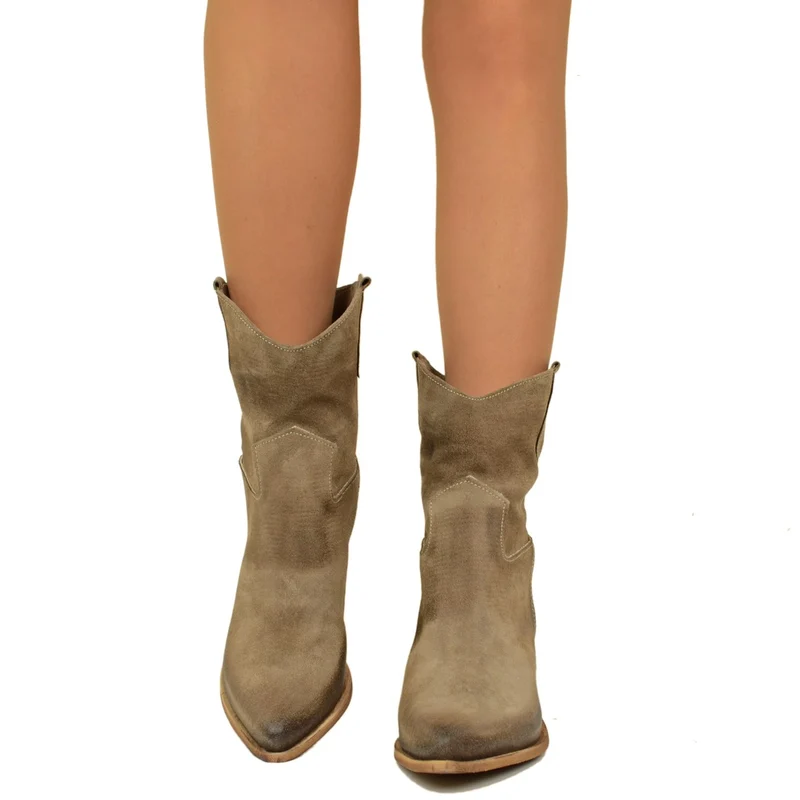 Stivaletti Texani Estivi Donna in Pelle Scamosciata Taupe