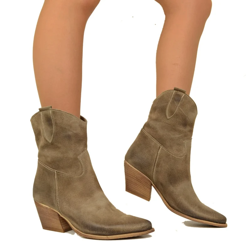 Stivaletti Texani Estivi Donna in Pelle Scamosciata Taupe
