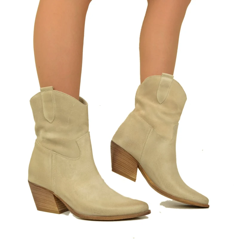 Stivaletti Texani Donna in Pelle Scamosciata Beige Made in Italy
