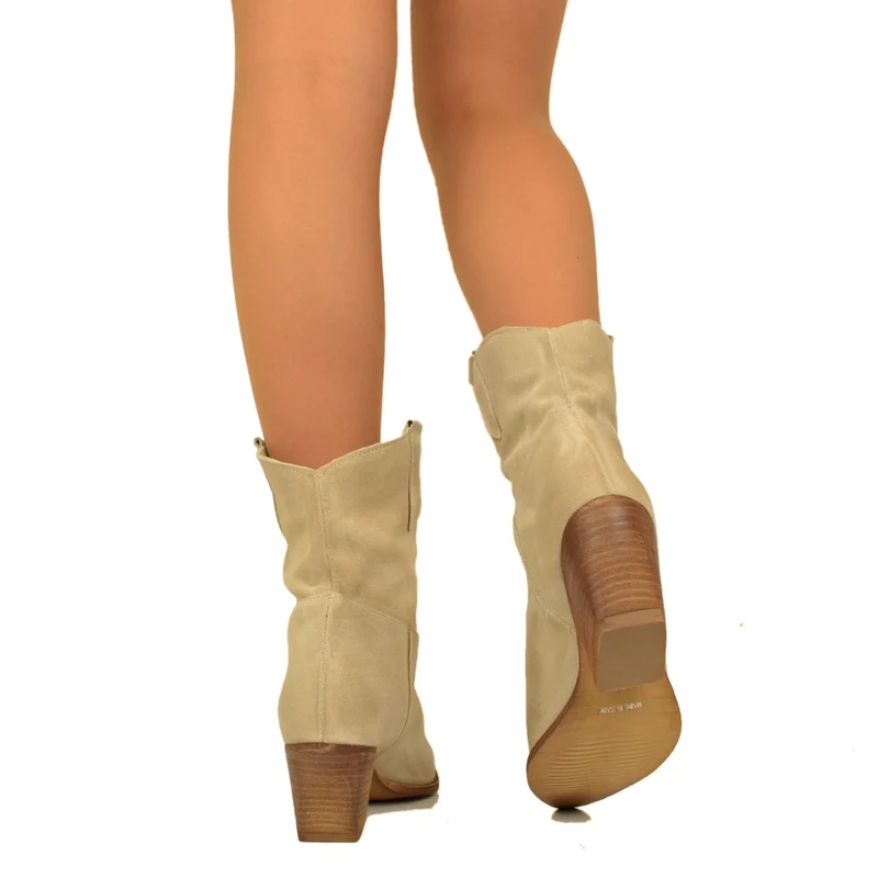 Stivaletti Texani Donna in Pelle Scamosciata Beige Made in Italy