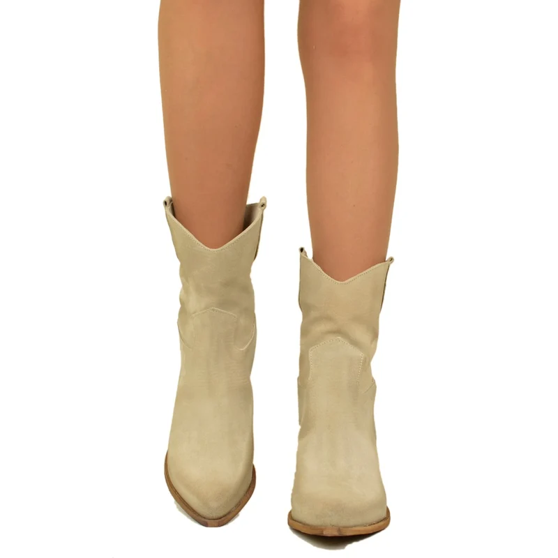 Stivaletti Texani Donna in Pelle Scamosciata Beige Made in Italy