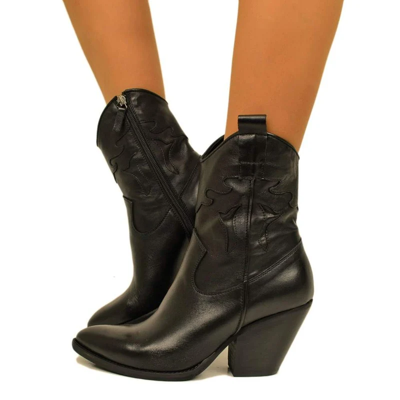 Stivaletti Texani Donna in Pelle Nera Ricamati con Zip