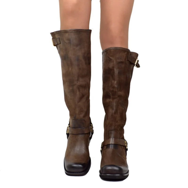 Stivali Donna in Nabuk Testa di Moro con Fibbie Made in Italy