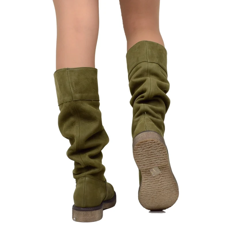 Stivali Donna Camperos Verdi in Pelle Nabuk Made in Italy