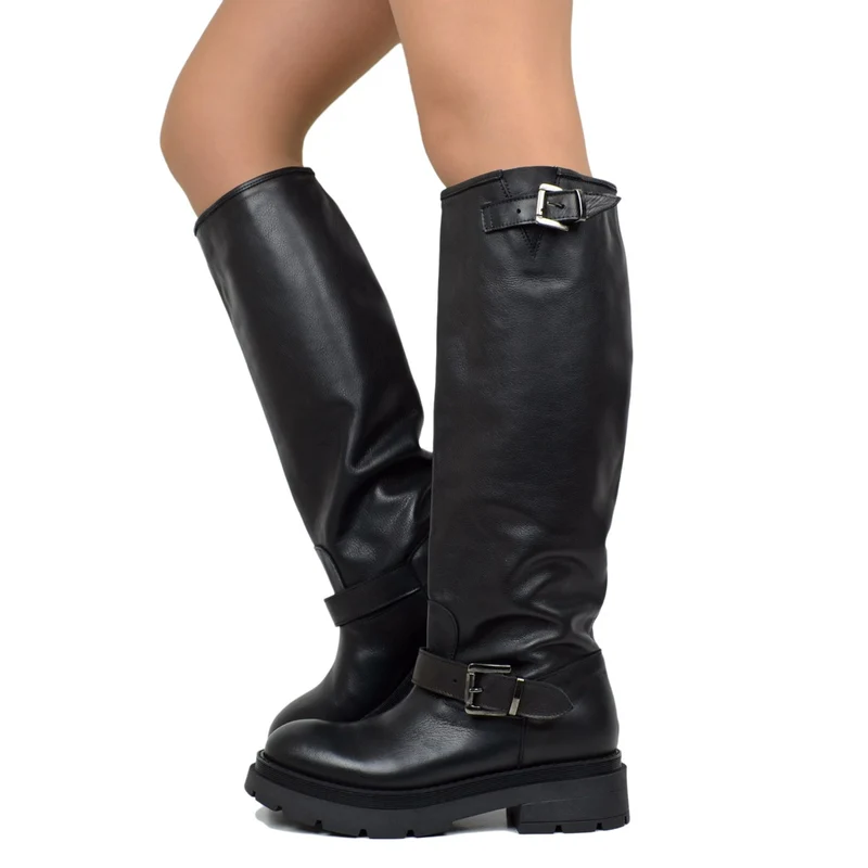 Stivali Biker Donna Made in Italy in Pelle Neri con Fibbie