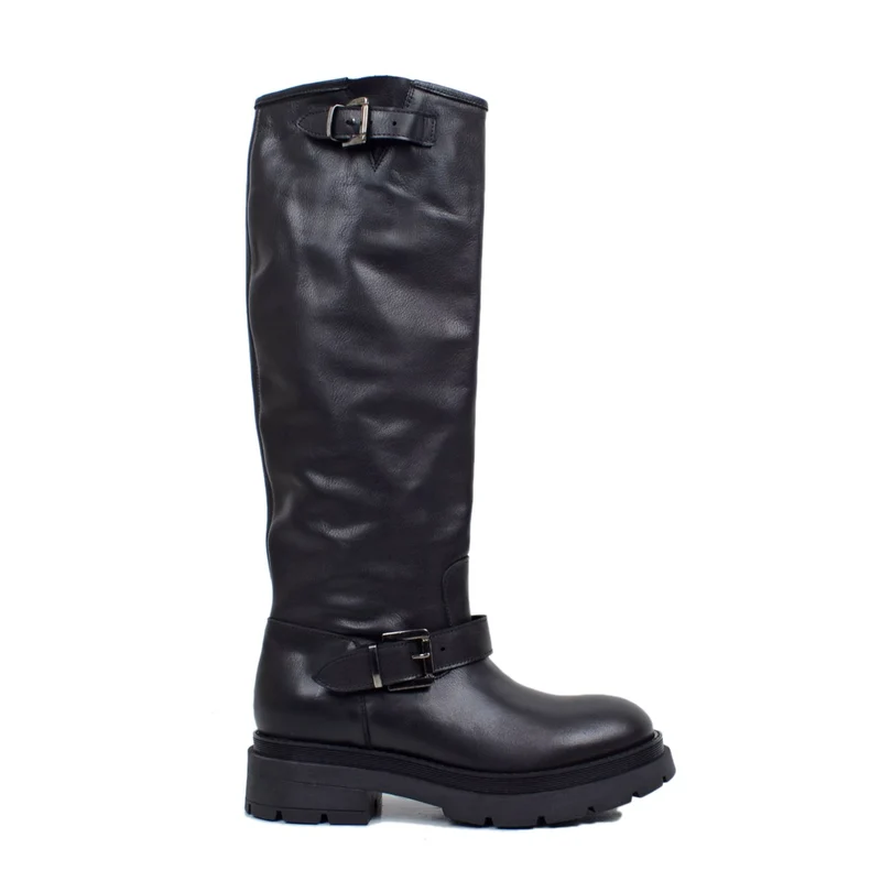Stivali Biker Donna Made in Italy in Pelle Neri con Fibbie