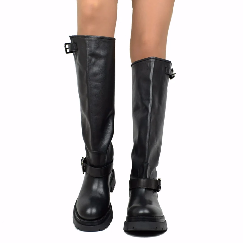 Stivali Biker Donna Made in Italy in Pelle Neri con Fibbie