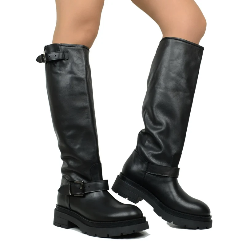 Stivali Biker Donna Made in Italy in Pelle Neri con Fibbie