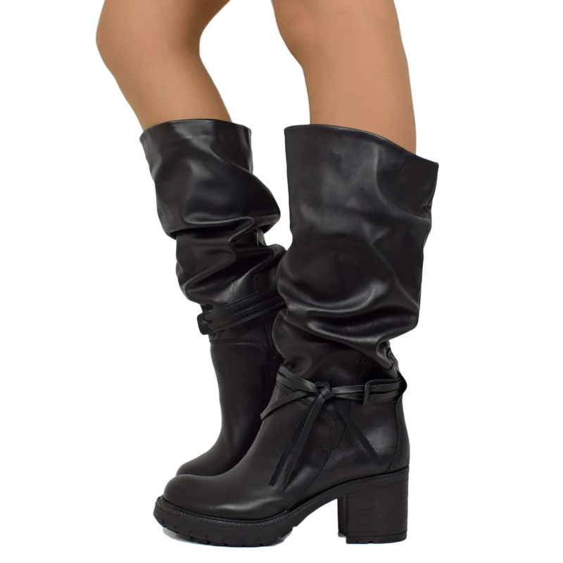 Stivali Biker Donna Made in Italy in Pelle Neri con Lacci