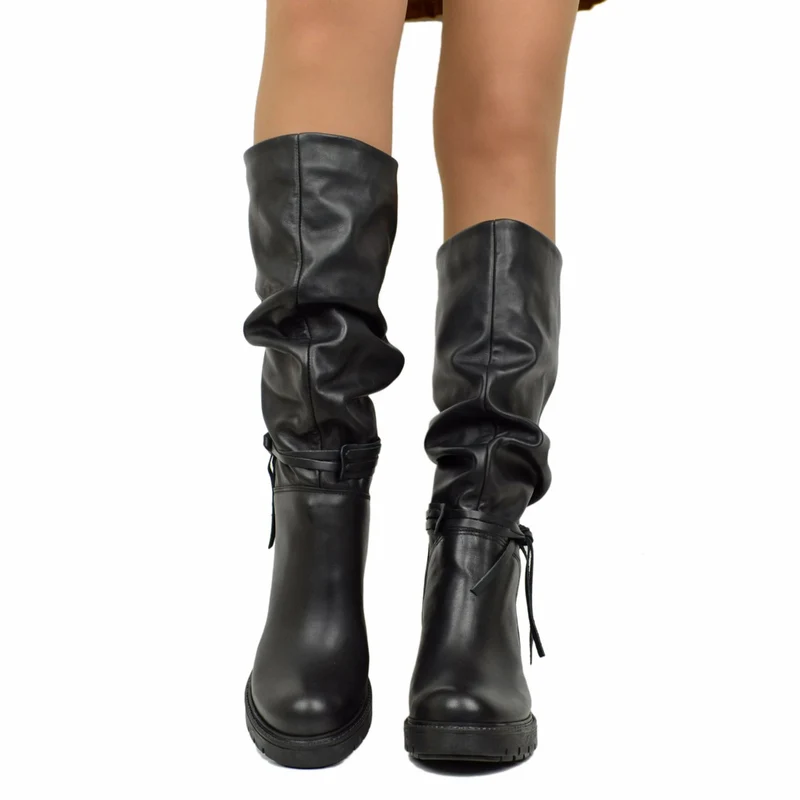 Stivali Biker Donna Made in Italy in Pelle Neri con Lacci