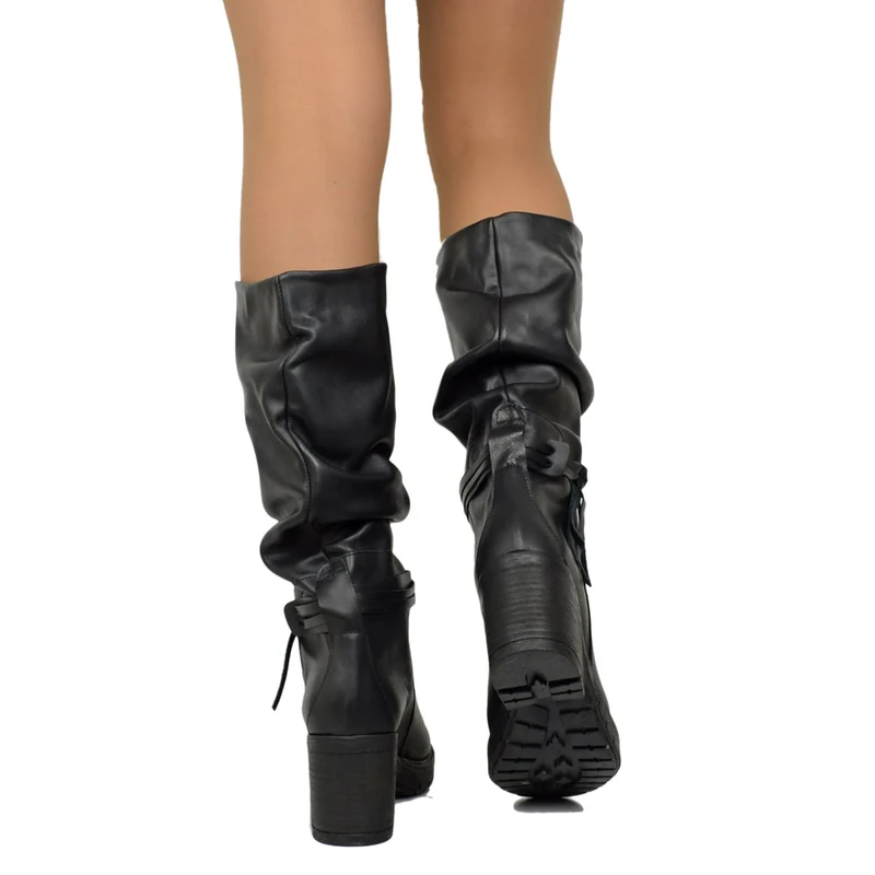 Stivali Biker Donna Made in Italy in Pelle Neri con Lacci