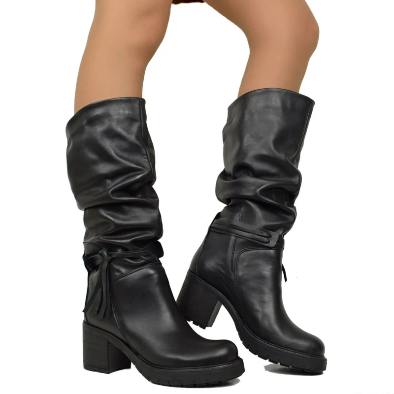 Stivali Biker Donna Made in Italy in Pelle Neri con Lacci