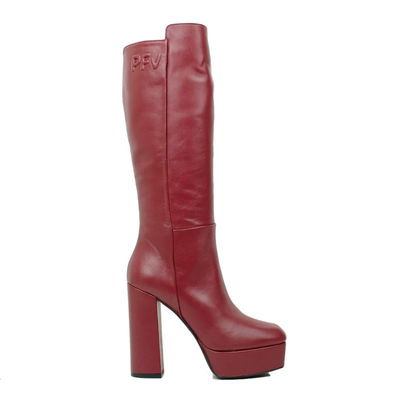 Stivali Donna in Pelle Rossi con Plateau Alto e Zip Laterale