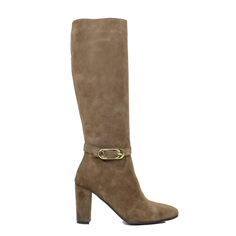 Stivali Eleganti in Pelle Scamosciata Taupe con Zip e Cavigliera
