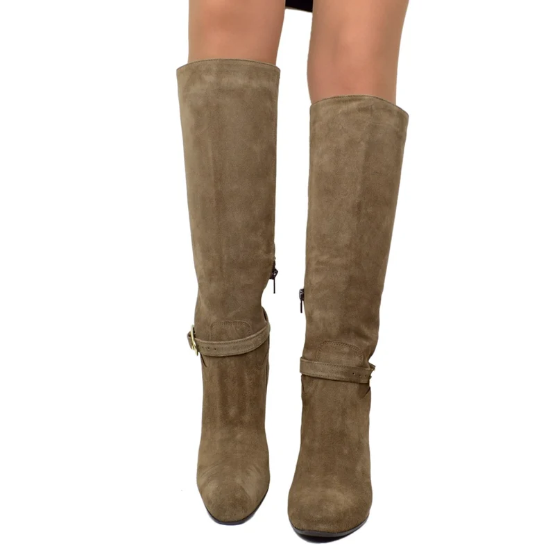Stivali Eleganti in Pelle Scamosciata Taupe con Zip e Cavigliera