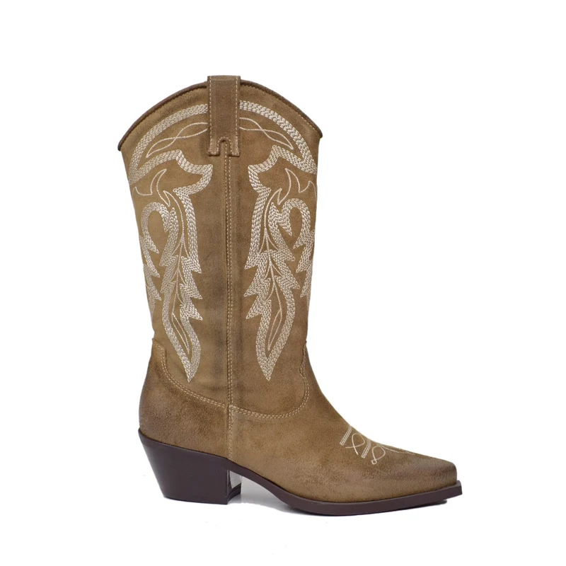 Stivali Donna Texani Ricamati in Pelle Taupe Scamosciata con Zip