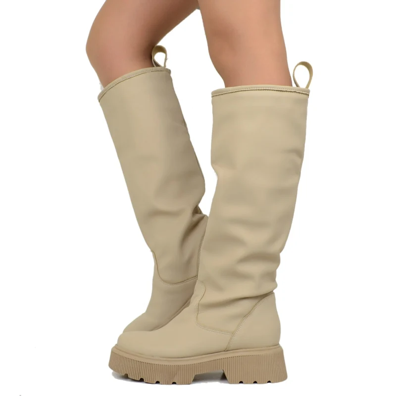 Stivali Donna Stile Pioggia Pelle Gommata Beige Fondo in Platform