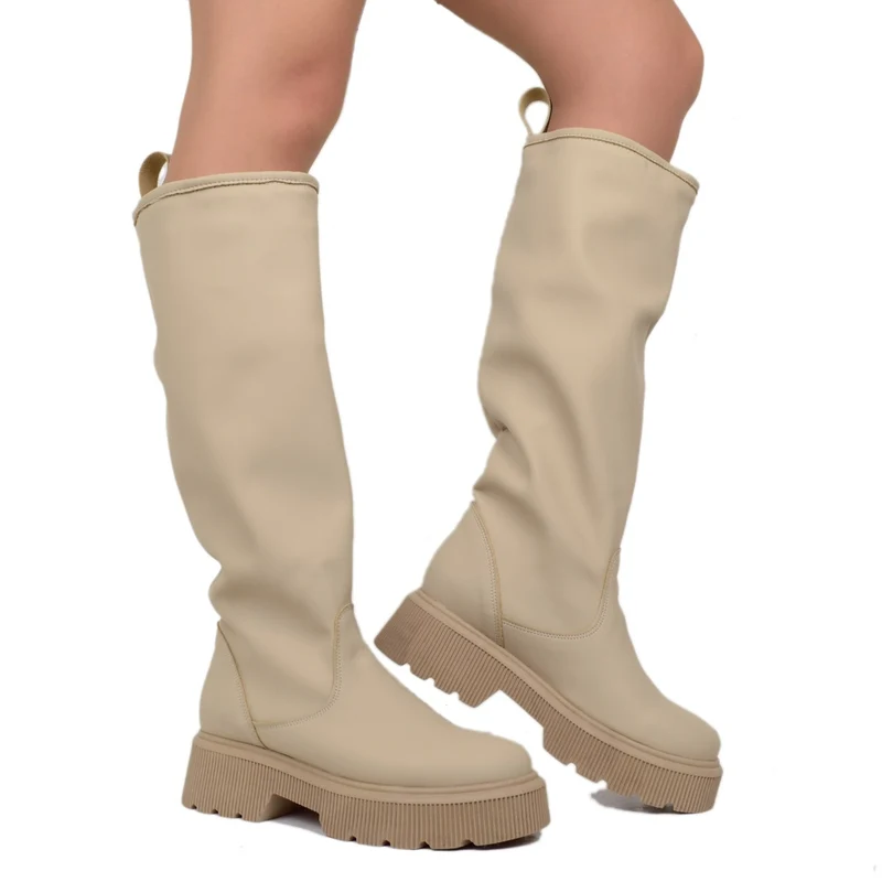 Stivali Donna Stile Pioggia Pelle Gommata Beige Fondo in Platform