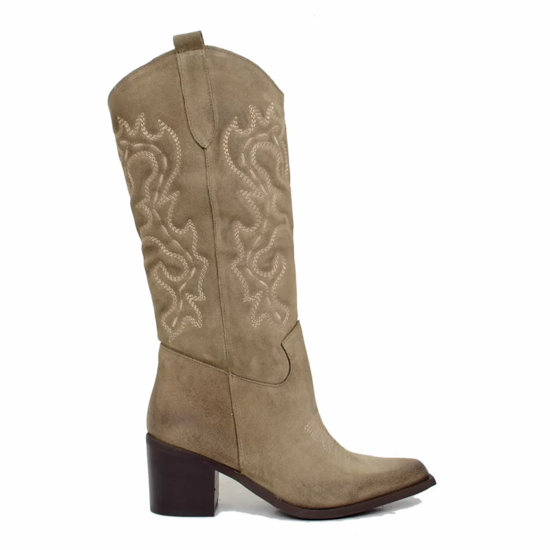 Stivali Texani Donna Taupe in Pelle Scamosciata Tacco Largo