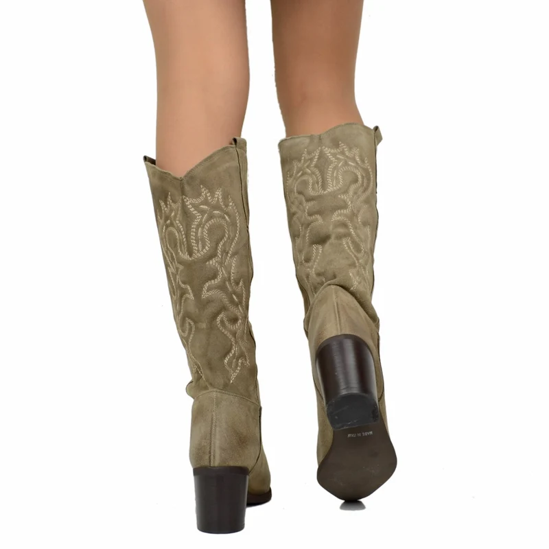 Stivali Texani Donna Taupe in Pelle Scamosciata Tacco Largo