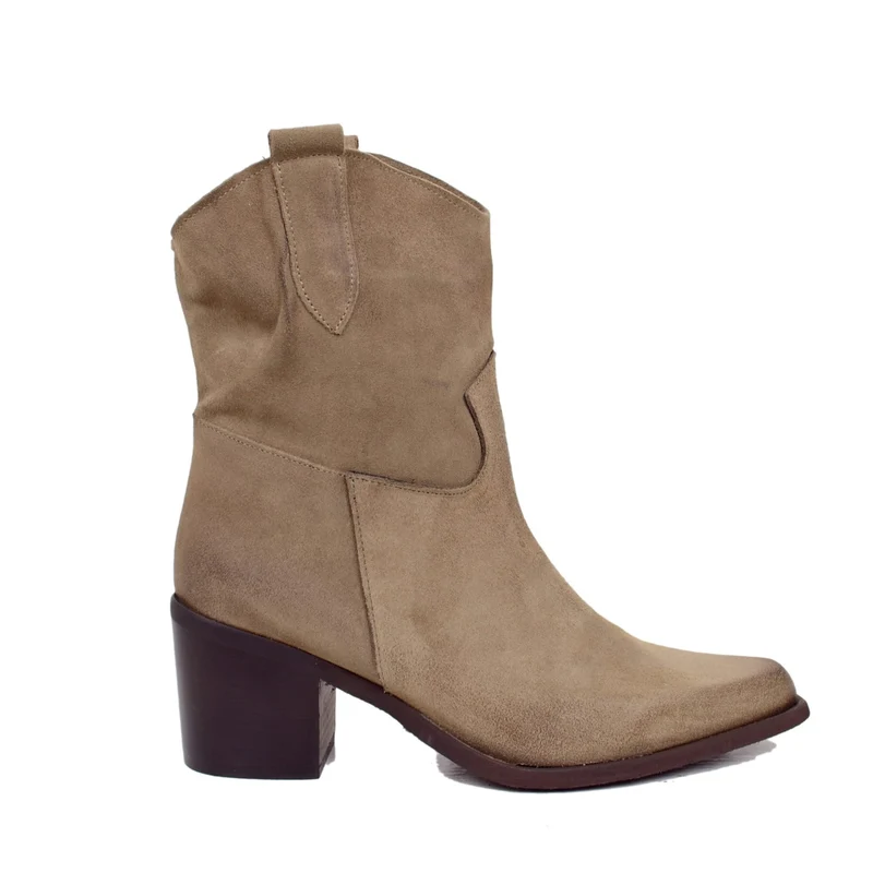 Stivaletti Texani in Pelle Scamosciata Taupe con Tacco Medio