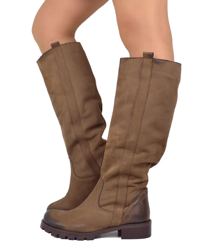 Stivali Donna in Pelle Nabuk Marrone Fondo in Gomma Made in Italy