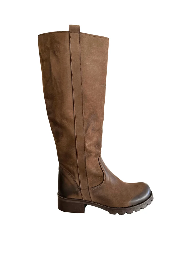Stivali Donna in Pelle Nabuk Marrone Fondo in Gomma Made in Italy