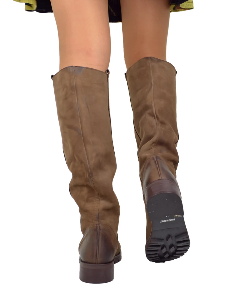 Stivali Donna in Pelle Nabuk Marrone Fondo in Gomma Made in Italy