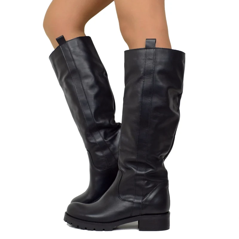 Stivali Donna in Pelle Neri Fondo in Gomma Made in Italy