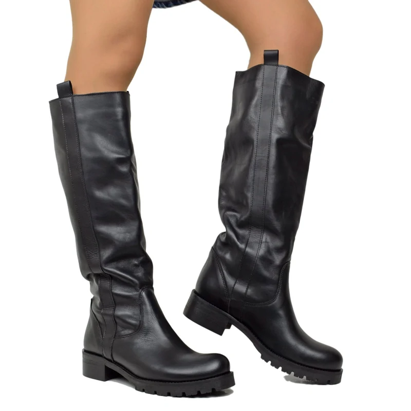 Stivali Donna in Pelle Neri Fondo in Gomma Made in Italy