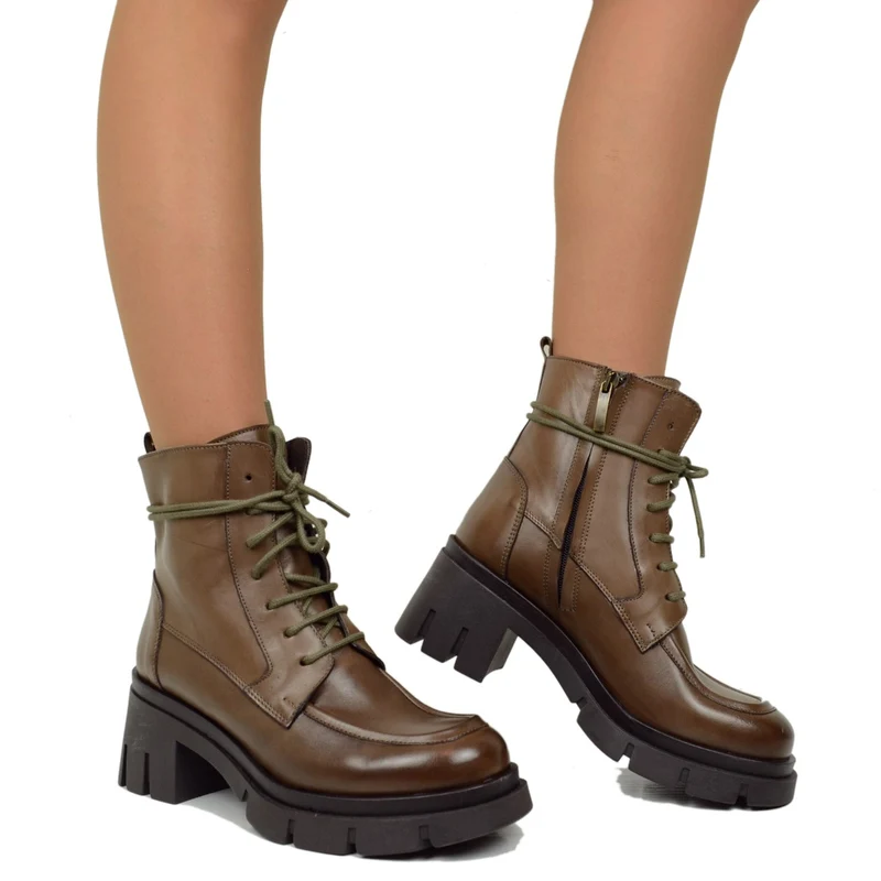 Polacchino Brogue Donna in Pelle Marroni con Cuciture Made in Italy