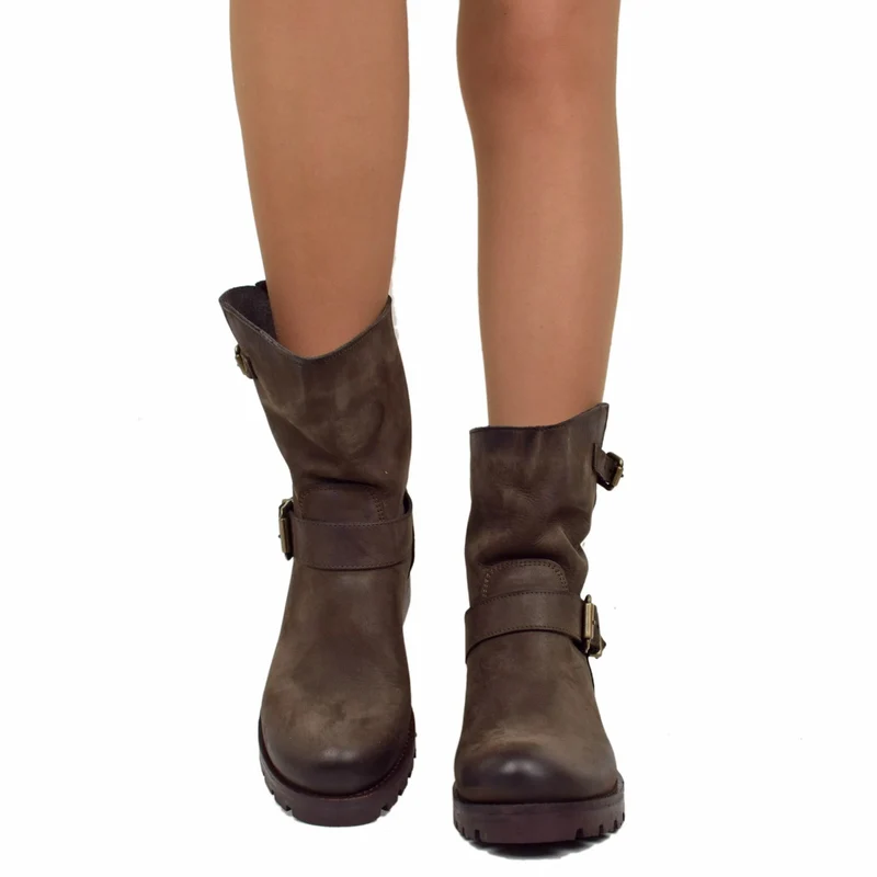 Stivali Donna Police Marroni Biker Boots in Pelle Made in Italy