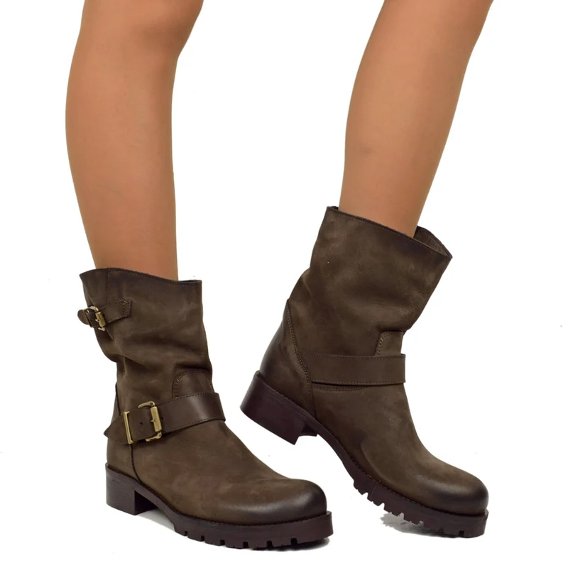 Stivali Donna Police Marroni Biker Boots in Pelle Made in Italy