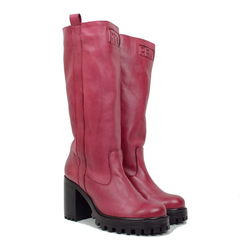 Stivali Biker in Pelle Rosso con Fondo Carrarmato Made in Italy