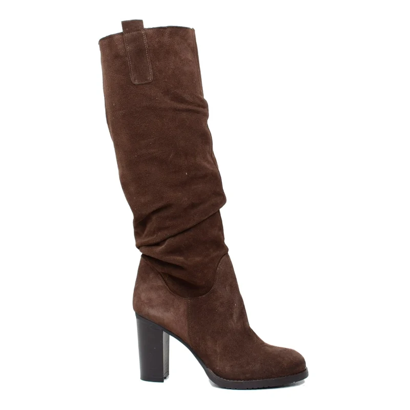 Stivali Donna Slouchy Plissettati in Camoscio Cioccolato Punta Tonda