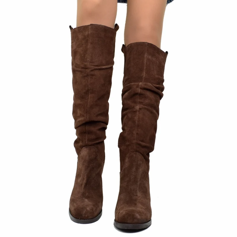 Stivali Donna Slouchy Plissettati in Camoscio Cioccolato Punta Tonda